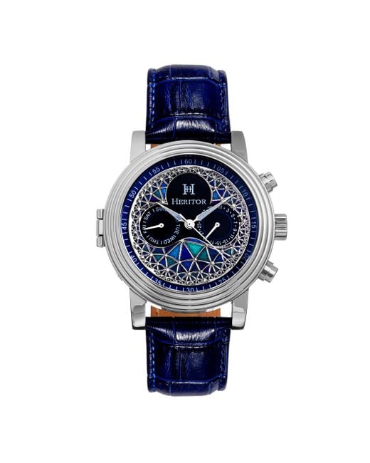 Heritor Blue Legacy Leather-Band Watch W/Day/Date for men