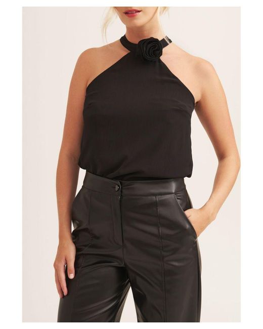 Gini London Black Halter Neck Corsage Loose Fit Top