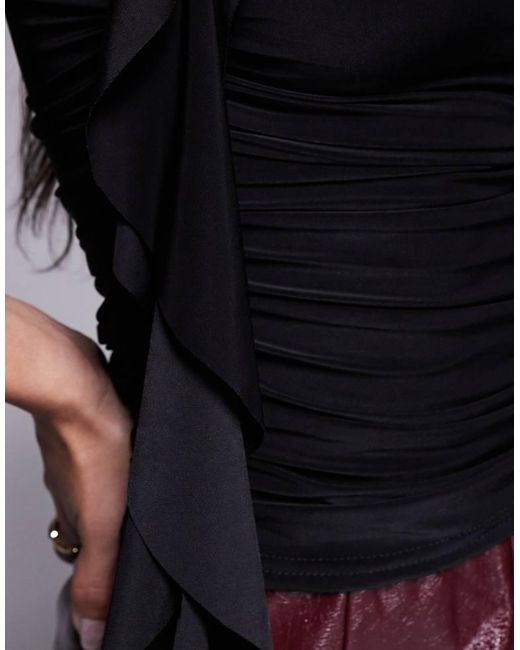 Kaiia Black Exclusive Double Layered Slinky Ruched Drape Detail Sleeveless Top