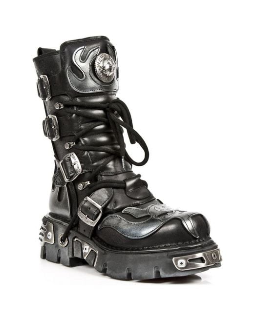 New Rock Black Flame Accented/ Leather Biker Boots- 107-S2