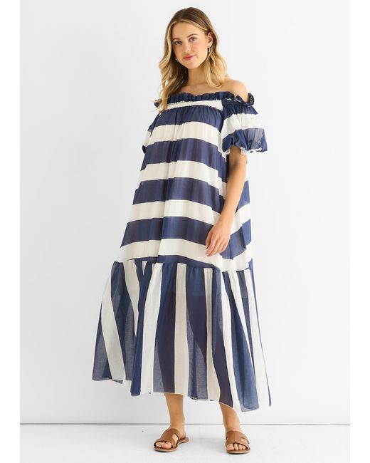 Gini London Blue Cotton Voil Bardot Stripe Midaxi Dress