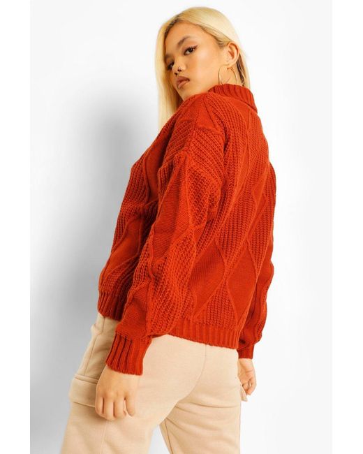 Boohoo Red Petite Diamond Knit Roll Neck Jumper