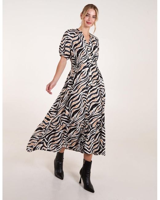 Blue Vanilla Natural Shirred Waist Button Front Puff Sleeve Midi Dress