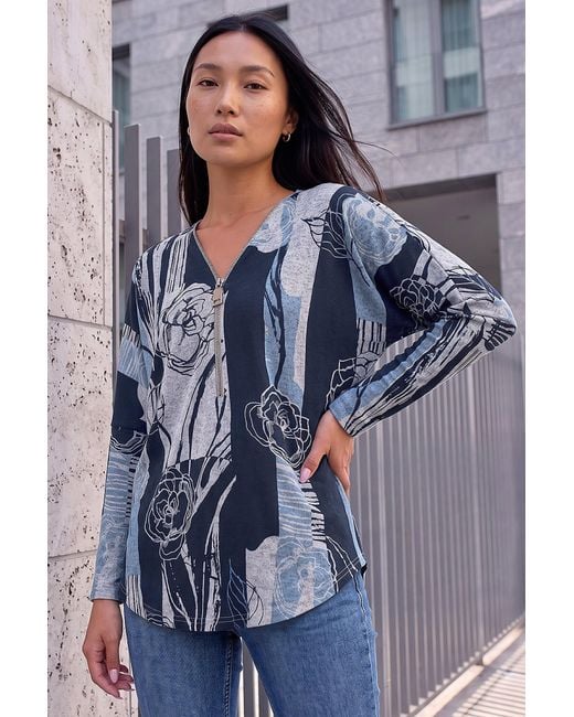 Roman Blue Floral Snit Zip Top
