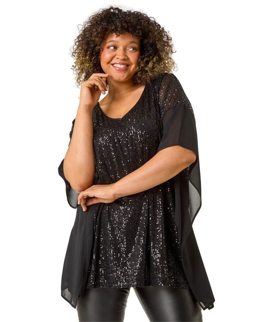 Roman Black Curve Full Sequin Chiffon Overlay Top