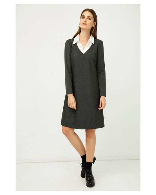 Conquista Black Shirt Collar Detail Dark Striped Dress
