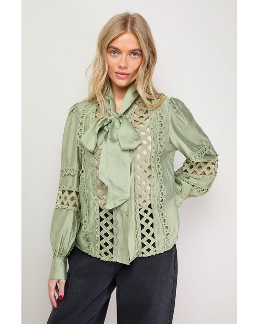 Oasis Green Cut Out Trim Detail Tie Neck Button Down Blouse