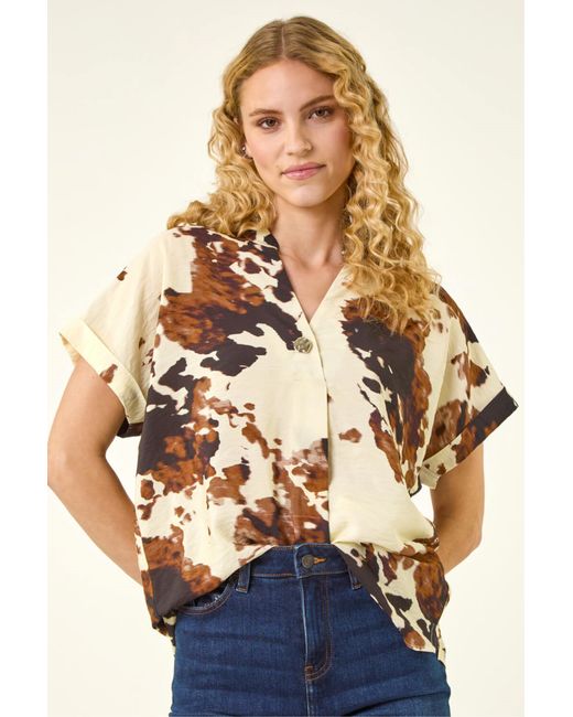 Roman Natural Cow Print Pleat Top