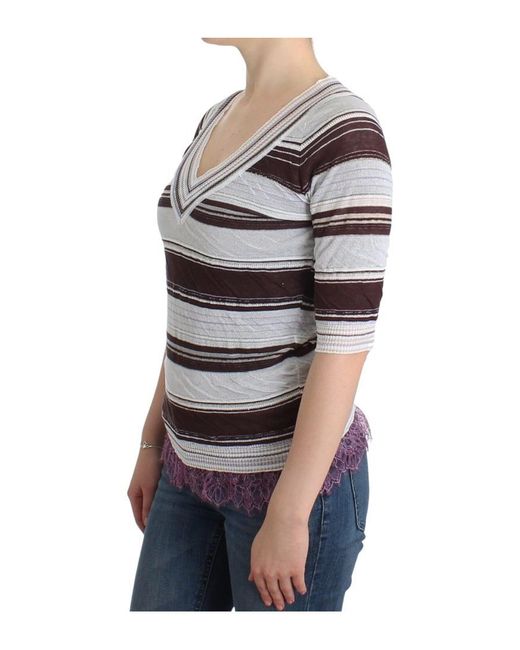 Ermanno Scervino Multicolor Striped Lace V-Neck Short Sleeve Top Sweater