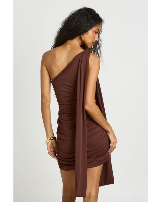 Boohoo Brown Knot Shoulder Asymmetric Mini Dress