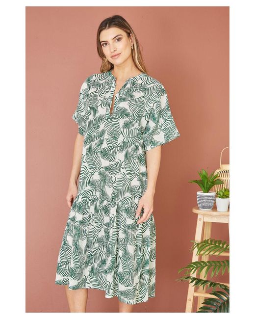 Yumi Organic Cotton Palm Print Tiered Tunic Dress in Green Lyst UK