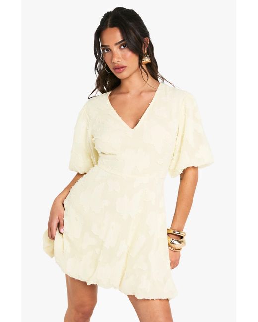 Boohoo White Petite Floral Burnout Plunge Puffball Mini Dress