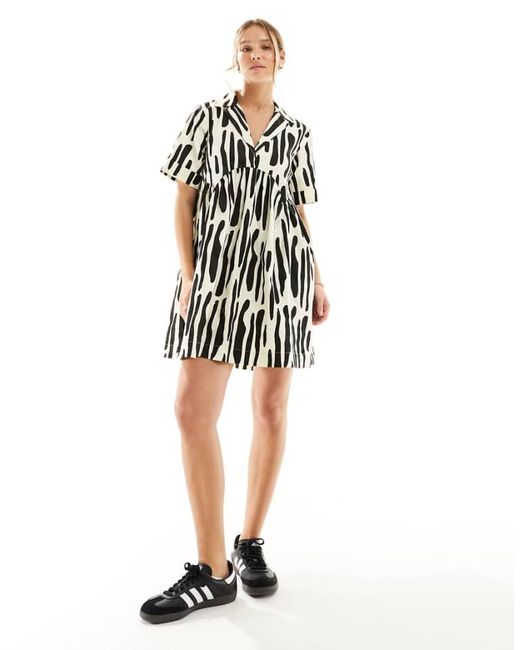 ASOS White Smock Mini Shirt Dress With Revere Collar Mono Abstract Print