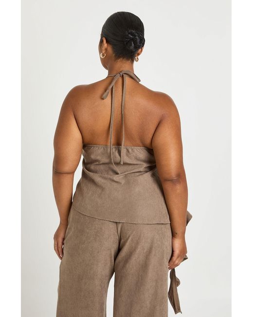 Boohoo Natural Plus Peached Halter Neck Tie Ruffle Side Detail Top