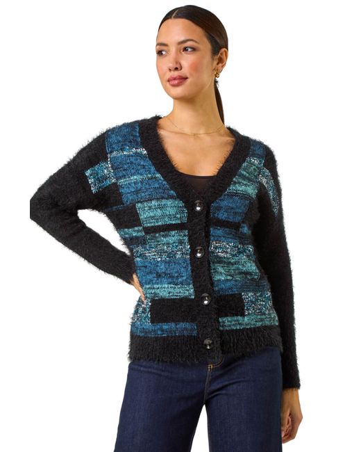 Roman Blue Colour Block Fluffy Knit Cardigan
