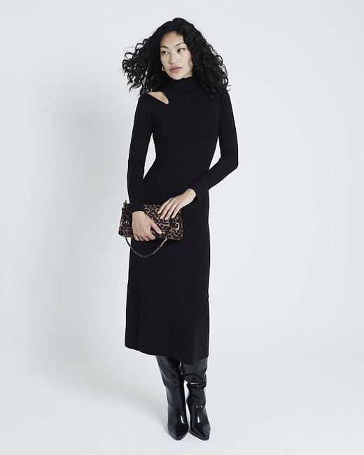 River Island Black Long Sleeve Cut Out Midi Dress
