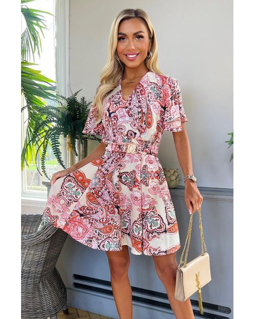 AX Paris Red Multi Paisley Print Belted Skater Dress
