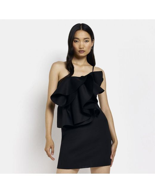 River Island Black Mini Dress One Shoulder Frill