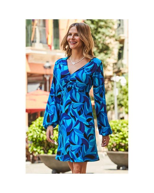Sosandar Blue Swirl Print V Neck Ruched Front Shift Jersey Dress