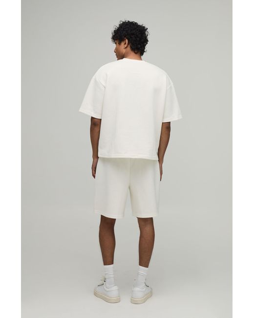 BoohooMAN White Oversized Boxy Wavy Jacquard T-Shirt & Baggy Shorts Set for men