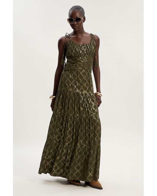 Karen Millen Green Viscose Metallic Thread Strappy Woven Sun Dress