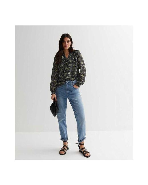 Gini London Black Dobby Floral Shirred Neck Long Sleeves Blouse