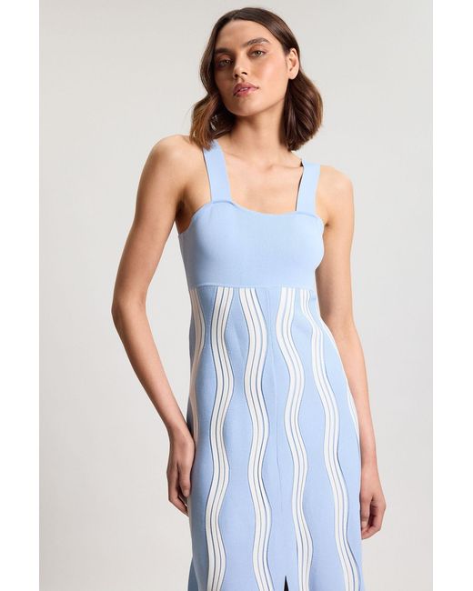 Karen Millen Blue Contrast Wave Knit A-Line Knitted Strappy Dress