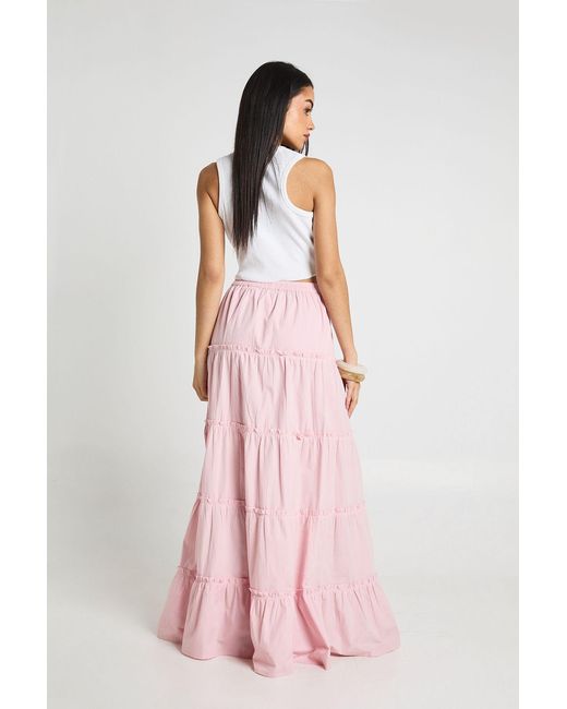 Boohoo Pink Tiered Cotton Poplin Maxi Skirt