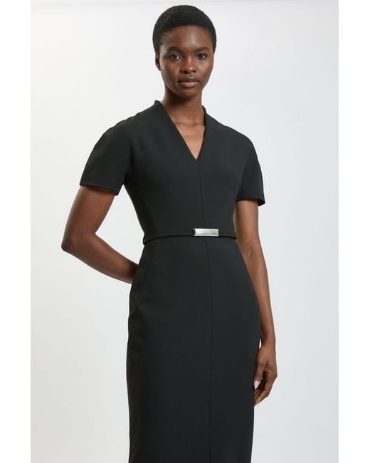 Karen Millen Black Compact Stretch Tailored Belted Midi Pencil Dress
