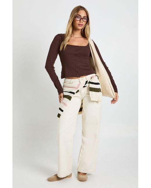 Boohoo White Ribbed Button Through Square Neck Long Sleeve Top