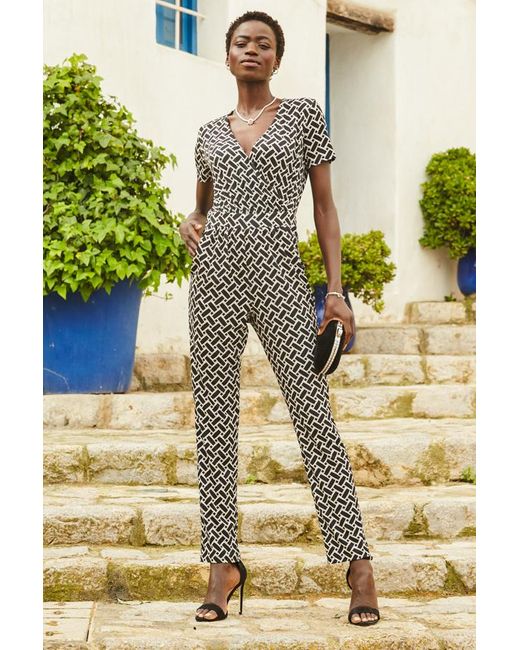 Sosandar Metallic Geometric Print Wrap Front Jumpsuit
