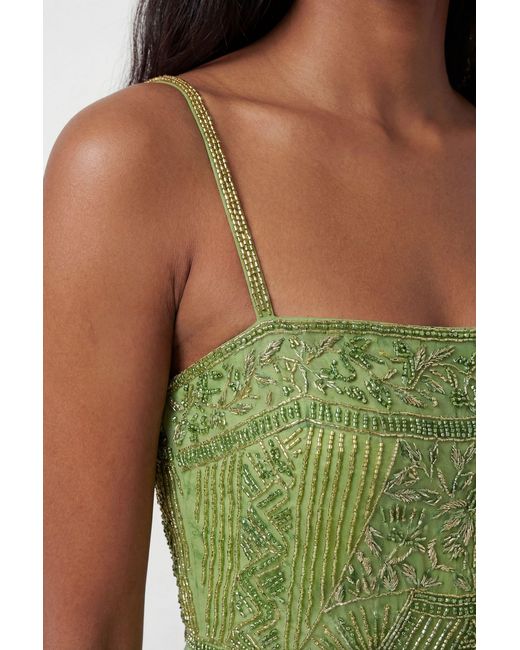 Karen Millen Green Petite Embellished Ombre Floral Pleated Woven Bandeau Maxi Dress