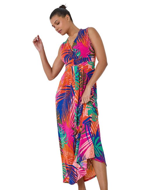 Roman Tropical Gathered Stretch Wrap Maxi Dress