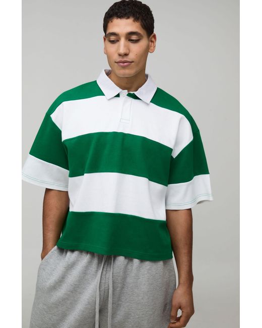 BoohooMAN Green Oversized Shrunken Stripe Interlock Short Sleeve Rugby Polo for men