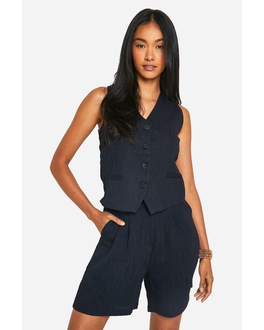 Boohoo Blue Linen Look Seam Detail Tailored Waistcoat
