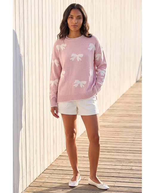 Roman Pink Bow Contrast Stitch Knit Jumper