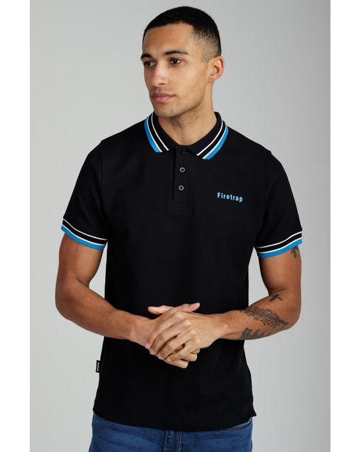 Firetrap Black Regular Fit Cotton Button Polo Shirt With Contrast Trim for men