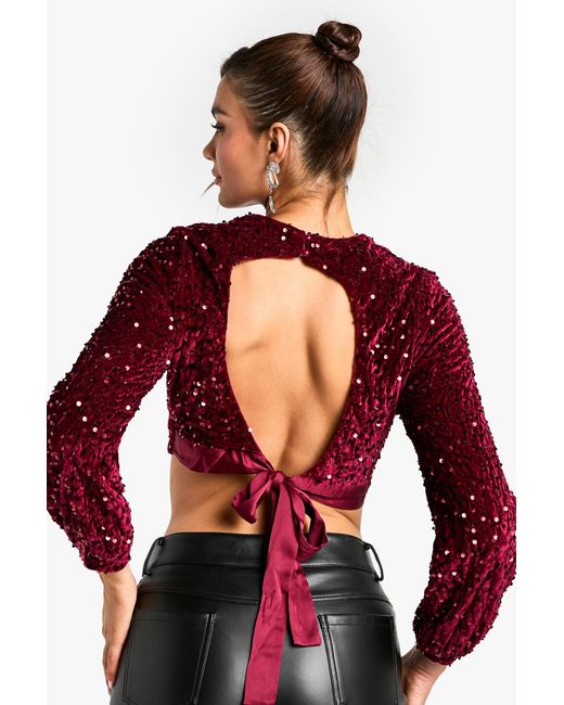 Boohoo Red Tie Back Sequin Crop