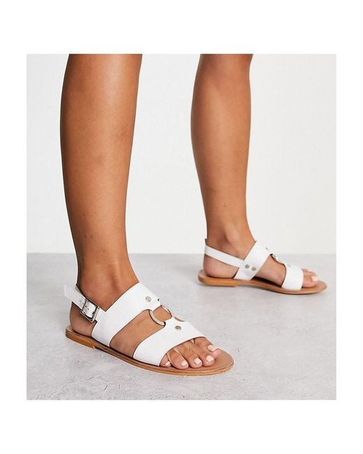 ASOS White Wide Fit Fancy Leather Ring And Stud Detail Flat Sandal