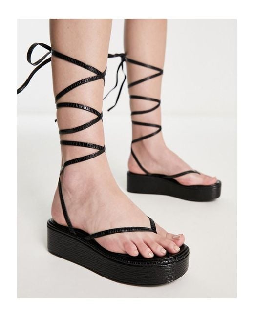 SIMMI Black London Talia Lace Up Toe Thong Flatform Sandals