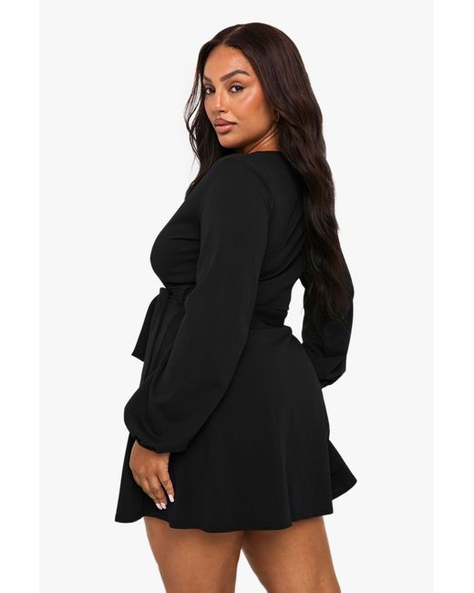 Boohoo Black Plus Wrap Tie Belt Skater Dress