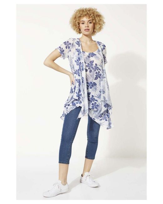 Roman Blue Short Sleeve Floral Crinkle Top