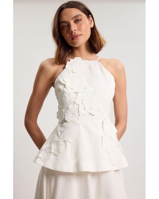 Karen Millen Natural Cotton Linen 3D Floral Midi Dress