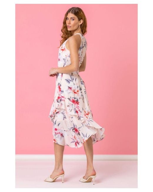 Pink floral asymmetric midi dress hot sale