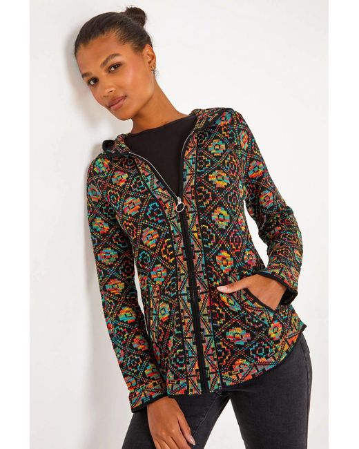 Roman Black Aztec Zip Front Hooded Cardigan
