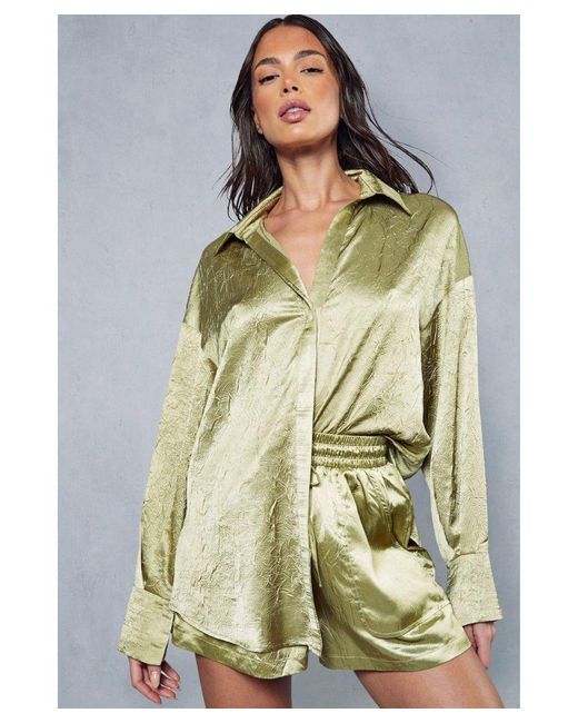 MissPap Green Textured Crinkle Satin Oversized Shirt