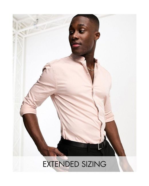 ASOS Pink Wedding Premium Skinny Sateen Shirt With Mandarin Collar for men