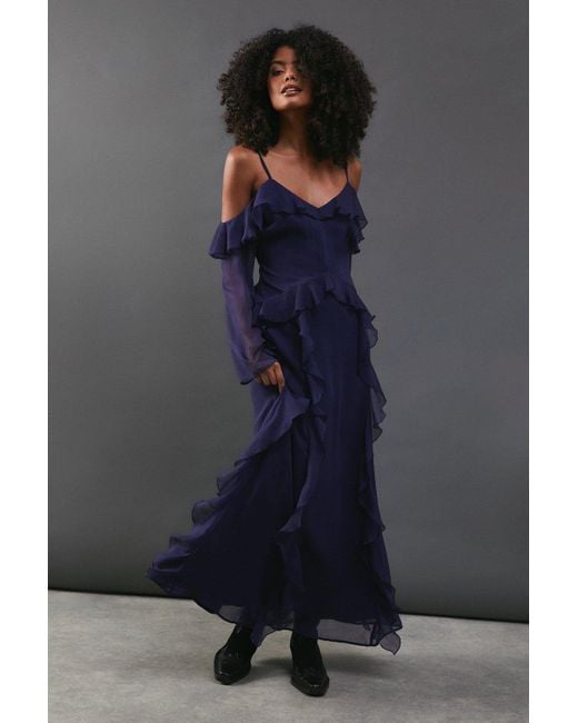 Warehouse Blue Chiffon Cold Shoulder Ruffle Detail Maxi Dress