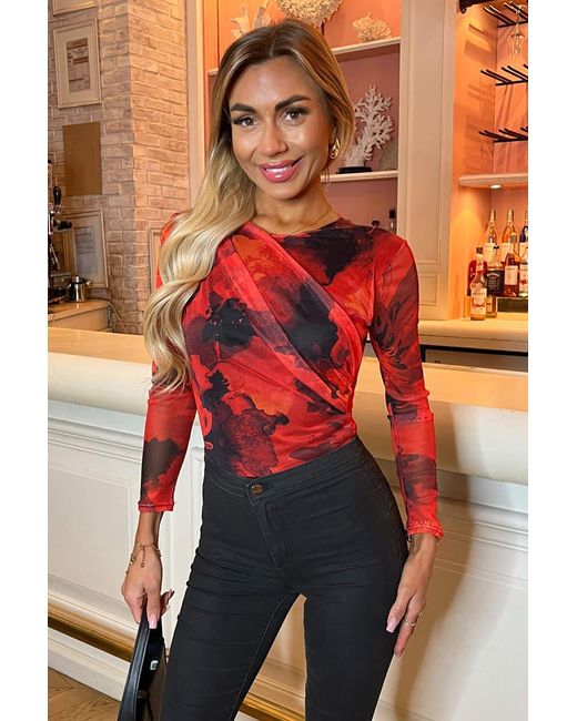 AX Paris Red Printed Mesh Long Sleeve Bodysuit