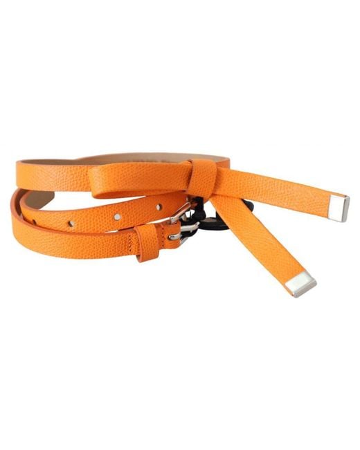 Ermanno Scervino Orange Tangerine Leather Slim Silver Metal Buckle Belt